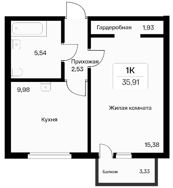 1-комнатная квартира 35.91 м², 5/11 эт., ЖК «Расцветай в Янино»